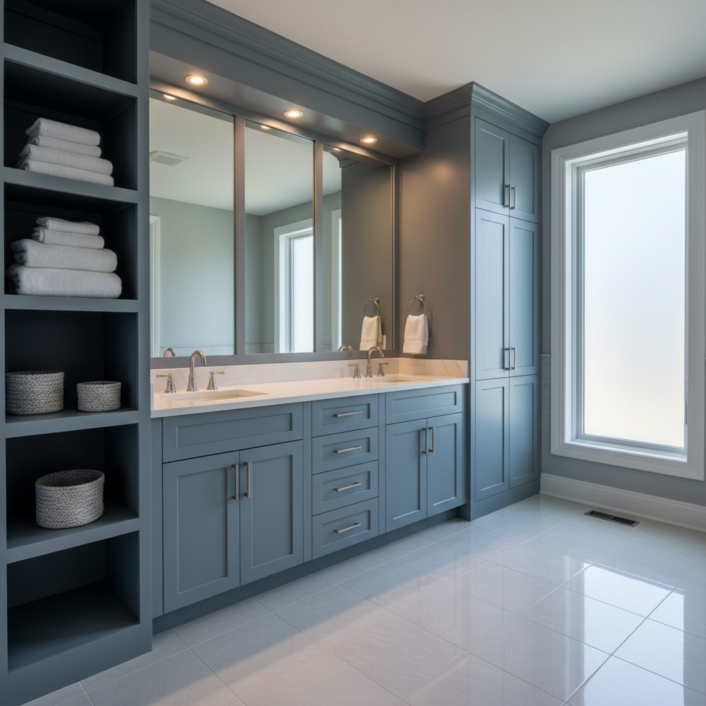 An elegant bathroom featuring custom, floor-to-ceiling cabinetry in a muted, slate-blue paint with soft-close doors, inset mirrors, and slim brushed nickel pulls. The vanity includes a bank of organized drawers, a tall linen cabinet, and open shelving with neatly folded white towels and woven baskets. Natural daylight filters through a frosted window, blending with warm recessed lighting above a clean quartz countertop and undermount sinks. The polished porcelain floor tiles gently reflect the cabinetry, adding depth. Photographed from a slightly elevated angle for a full view of the cabinetry layout, the mood is serene, luxurious, and orderly, emphasizing craftsmanship and functional storage in a realistic, modern style.