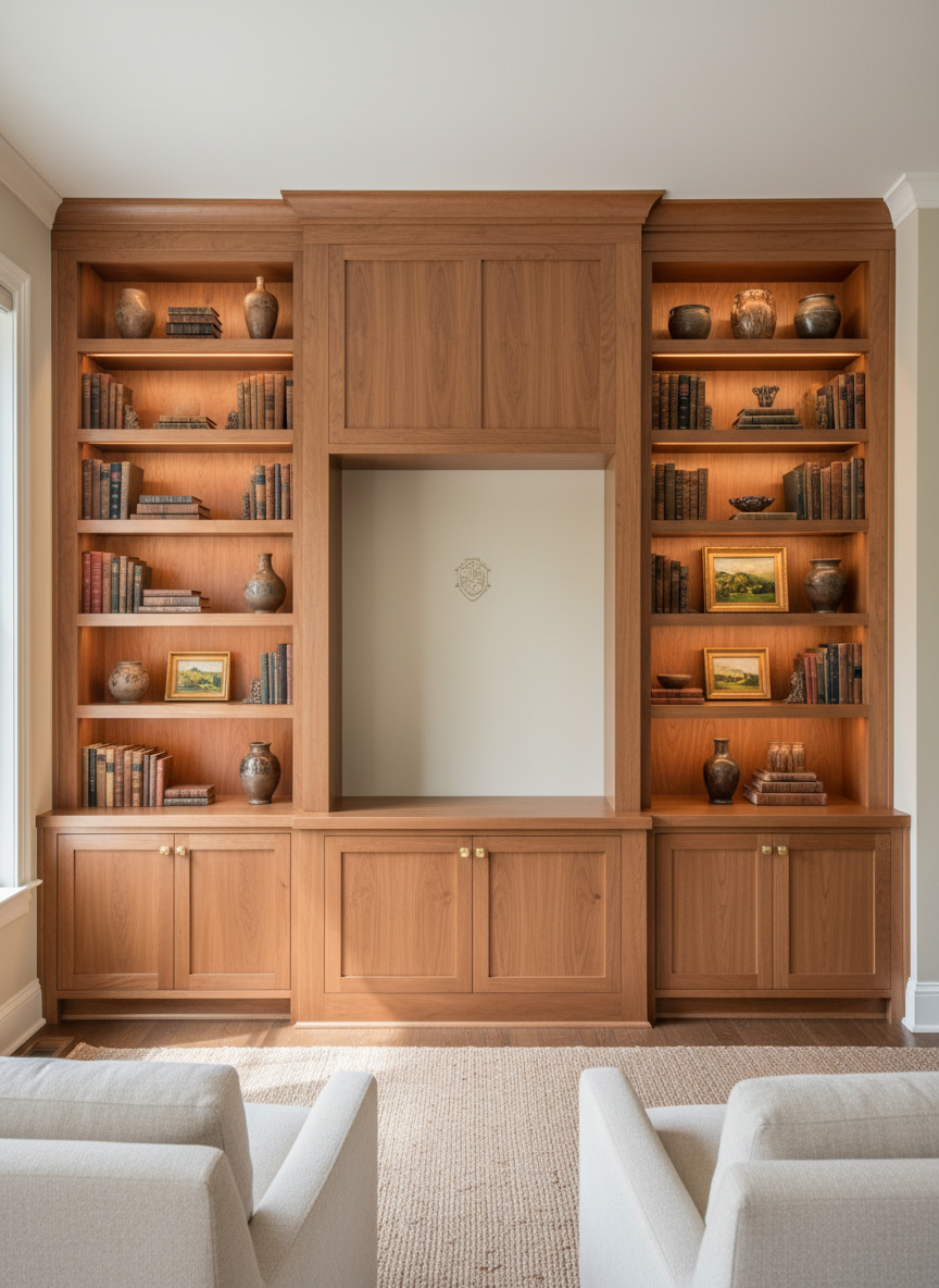 A custom built-in wall of cabinetry in a living room, crafted from smooth, medium-tone cherry wood with a satin finish, showcasing visible grain and impeccable joinery. The built-in includes lower closed cabinets, tall flanking bookcases with adjustable shelves, and a central niche framing a large, blank display area where a logo could be imagined. Discreet LED strip lighting under each shelf casts a soft, warm glow on neatly arranged books, pottery, and framed landscapes of gentle Upstate South Carolina hills. Photographed straight-on with balanced composition and sharp focus, the atmosphere feels tailored, inviting, and refined, highlighting how custom cabinetry integrates seamlessly into everyday living spaces.