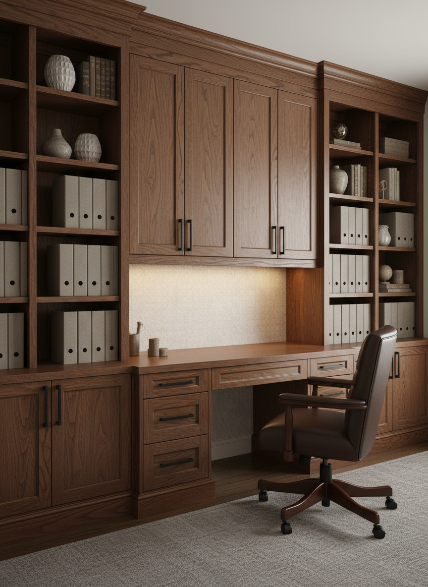 A sophisticated home office built-in system with full-height custom cabinetry in a rich, espresso-stained oak, featuring meticulous grain matching, paneled doors, and sleek matte black hardware. The design incorporates a central desk niche with integrated drawers, overhead cabinets, and flanking bookcases filled with neatly arranged binders and decorative objects. Concealed LED lighting under the upper cabinets gently illuminates a spacious, clean desktop and a backdrop of subtle, textured wallpaper. The scene is shot from a slightly off-center, eye-level angle to create depth, with photographic realism and a professional, focused mood. This image underscores the precision and elegance of custom cabinetry tailored for productive workspaces.