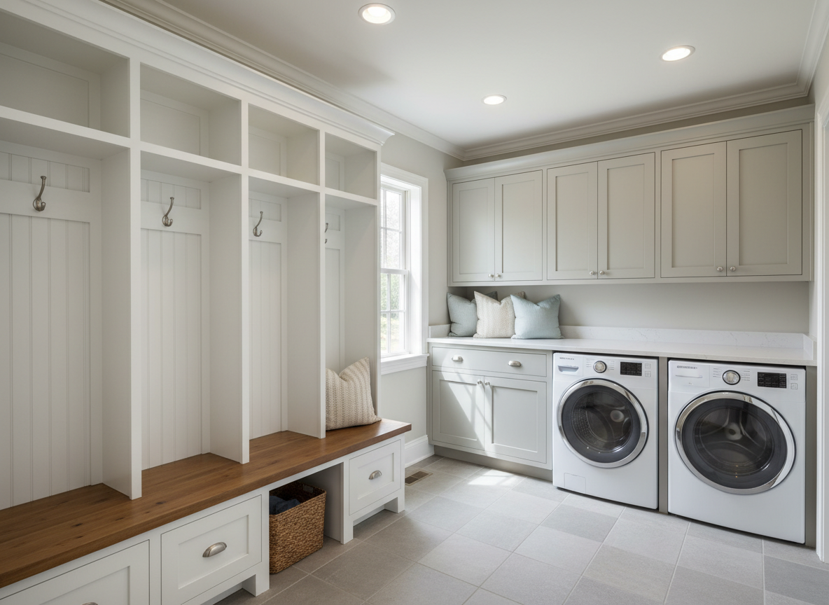 A mudroom and laundry combination space showcasing custom built-in cabinetry tailored for organization. Along one wall, tall white painted lockers with beadboard backs, hooks, and deep cubbies sit over closed shoe cabinets, while the opposite wall features upper and lower cabinets in a soft greige tone surrounding a front-loading washer and dryer. A solid wood bench with a warm stain ties the two zones together. Natural light from a side window mixes with recessed ceiling lights, creating a clean, bright ambiance. Photographed at eye level with clear, realistic detail, the mood is orderly and practical yet refined, highlighting how custom cabinetry optimizes everyday, high-traffic areas.