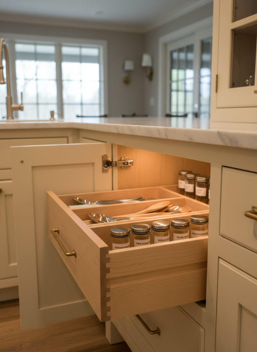 A detailed close-up of a custom kitchen cabinet corner, focusing on the craftsmanship: perfectly aligned mitered crown molding, smooth-painted maple doors in a warm cream tone, and high-quality soft-close hinges visible inside. The cabinet interior reveals dovetail drawer boxes in natural maple, with neatly organized dividers for utensils and spice jars. Soft, diffused under-cabinet lighting creates subtle highlights on the grain and hardware, while a blurred background hints at a larger, well-appointed kitchen. Shot with a shallow depth of field and side lighting to emphasize textures and precision, the photographic realism conveys professionalism, durability, and attention to detail in custom cabinetry work.
