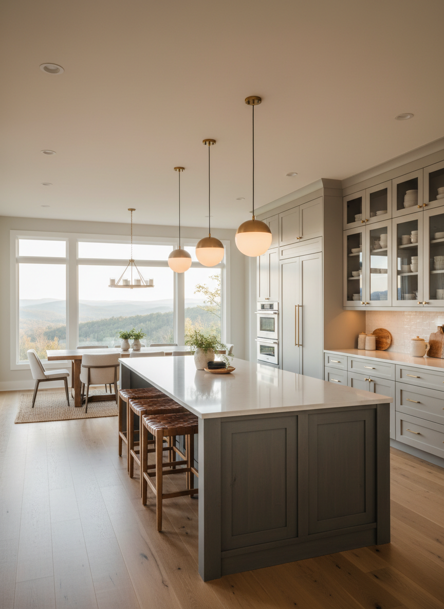 A spacious open-concept kitchen and dining area designed for a home in the foothills of Western North Carolina, featuring custom cabinetry in a two-tone scheme: perimeter cabinets in soft dove gray and a large slate-stained oak island. Tall pantry cabinets flank a built-in refrigerator, while a wall of glass-front uppers showcases neatly arranged stoneware. Large windows reveal a hint of distant, tree-covered hills outside, letting in golden late-afternoon light that mingles with warm pendant lights above the island. Captured from a wide, slightly elevated angle to show the full layout, the scene feels inviting, modern, and functional, emphasizing bespoke storage solutions and regional, upscale residential style.