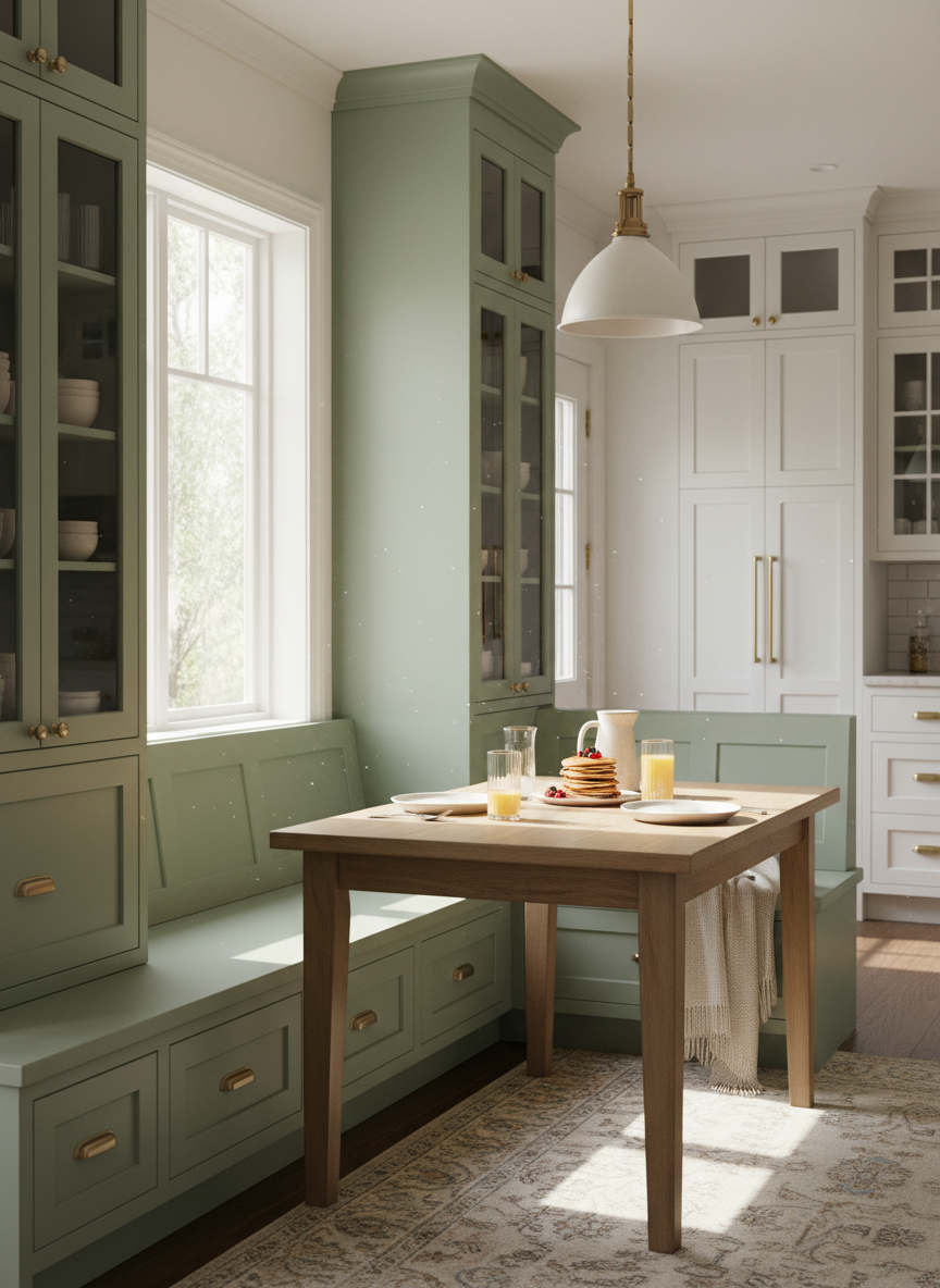 A cozy breakfast nook framed by custom built-in cabinetry and seating, featuring a U-shaped bench with shaker-style paneling painted in a soft sage green, paired with under-seat storage drawers. Tall, narrow cabinets on either side provide additional storage, their glass-front upper sections displaying curated stoneware and glassware. A simple, light wood table anchors the space. Morning light pours in through large adjacent windows, casting gentle shadows and reflecting off a nearby bank of white kitchen cabinets. Captured from a corner perspective with a moderate depth of field, the photograph feels warm, inviting, and family-focused, showcasing how custom cabinetry can create functional, intimate gathering spaces.
